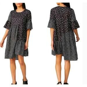 CAARA Black White Millazo Satin Short Sleeve Shift Dress Size S